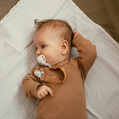 Stadela Baby Pacifier Clip Holder - Girl or Boy Unisex 4 Pack Gift Set β Boho Modern Neutral Brown Yellow White Sage Green Solid Colors (Hayden)