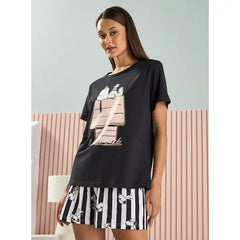 MAX FASHION All-Over Snoopy Print Shorts Set-Black