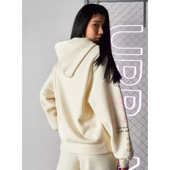 MAX FASHION All-Over Slogab Print Hooded Sweatshirt-Beigi