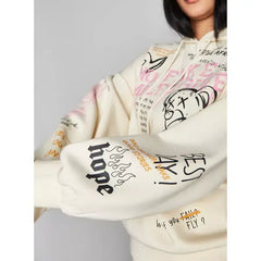 MAX FASHION All-Over Slogab Print Hooded Sweatshirt-Beigi