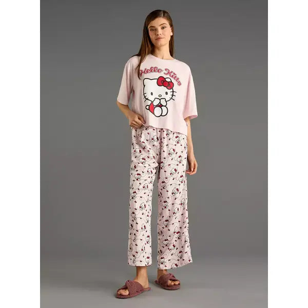 MAX FASHION Hello Kitty Print T-shirt and Pyjama Set-Pink