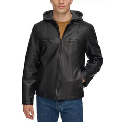 Men's Faux-Leather Hooded Zip Jacket
