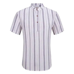 Suslo Couture Men's Linen Stripped Banded Collar Button Up