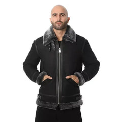 Men's Shearling Biker Jacket, Vintage Like Camel with Beige Curly Wool