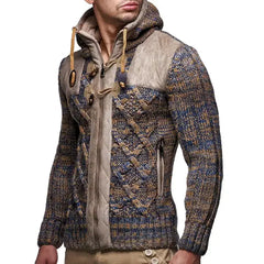 Men's Knit Zip-up Jacket With Geometric Patterns and Leather Accents