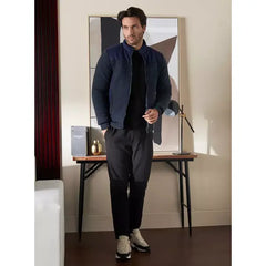 Woven Panel Jacket with Zip Closure Blue