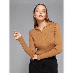 MAX FASHION Ribbed Zip Through Cropped Jacket with Hood-Brown