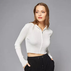 MAX FASHION Ribbed Zip Through Cropped Jacket with Hood-White