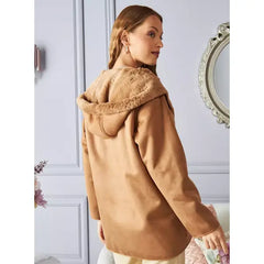 MAX FASHION Hooded Suede Longline Sherpa Jacket-Brown