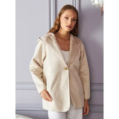 MAX FASHION Hooded Suede Longline Sherpa Jacket-White
