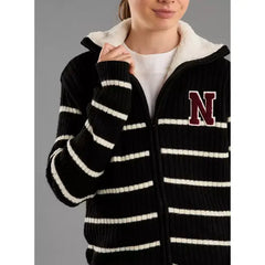 Striped Fur Textured Zip-Through Sweater Black