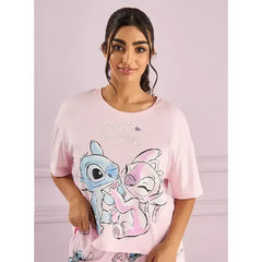MAX FASHION Stitch and Angel Print Pyjama Set-Pink