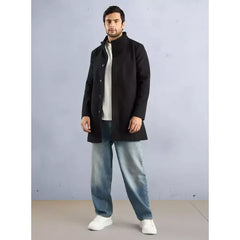Plain Felt Trench Coat with High Neck - Black