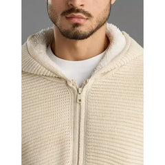 Textured Zip Through Hooded Sweater Cream