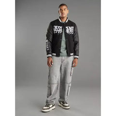 Graphic Print Felt Bomber Jacket - Black