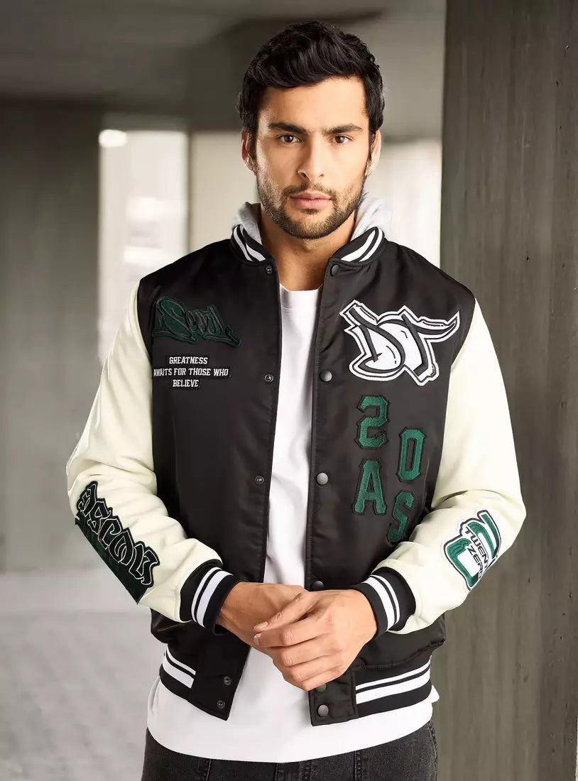 Hooded Letterman Jacket Men's Hooded Varsity Jacket Black Black S