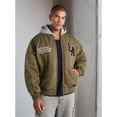 Embroidered Oversized Bomber Jacket with Detachable Hood - Green