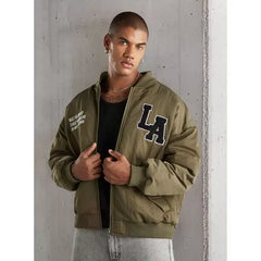 Embroidered Oversized Bomber Jacket with Detachable Hood - Green