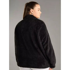 MAX FASHION Textured High Neck Zip Through Jacket with Pockets-Black
