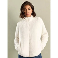 MAX FASHION Textured High Neck Zip Through Jacket with Pockets-White