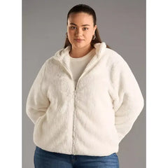 MAX FASHION Textured High Neck Zip Through Jacket with Pockets-White