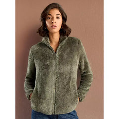 MAX FASHION Textured High Neck Zip Through Jacket with Pockets-Green