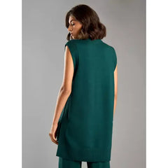 Textured Longline Sleeveless Sweater with High Neck Green