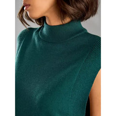 Textured Longline Sleeveless Sweater with High Neck Green