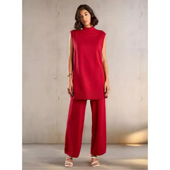 Textured Longline Sleeveless Sweater with High Neck Red