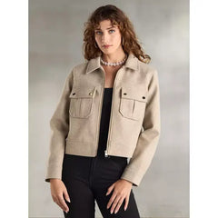 MAX FASHION Plain Zip Through Crop Jacket-Brown