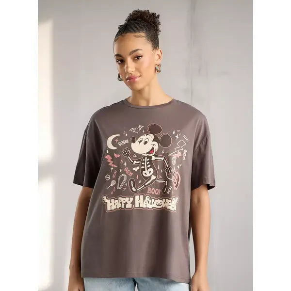 MAX FASHION Mickey Mouse Print T-shirt-Brown
