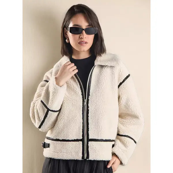 MAX FASHION Sherpa Textured Zip-Through Jacket-White
