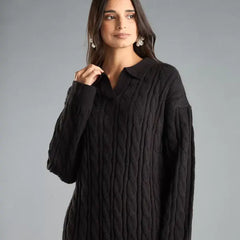 Textured Polo Sweater Dress Black