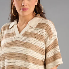 Striped Collared Sweater brown