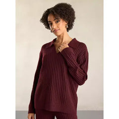 Textured Collared Jumper with Long Sleeves Red