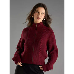 Textured High Neck Cardigan with Zip Closure Red