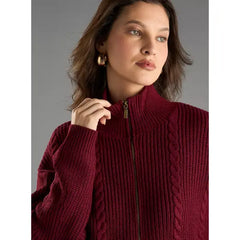 Textured High Neck Cardigan with Zip Closure Red