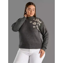 Floral Embroidered Jacquard Sweater Gray