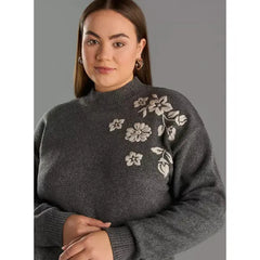 Floral Embroidered Jacquard Sweater Gray