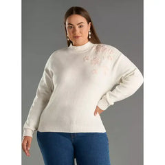 Floral Embroidered Jacquard Sweater white