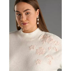 Floral Embroidered Jacquard Sweater white