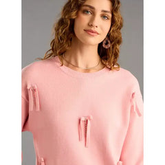Bow Accent Jumper with Long Sleeves pink
