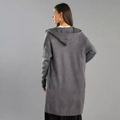 Textured Longline Cardigan with Hood Gray