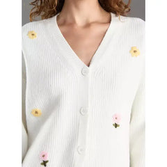 Floral Embroidered Button Through Cardigan White