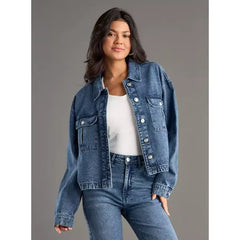 MAX FASHION Plain Denim Jacket with Pockets-Blue