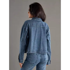 MAX FASHION Plain Denim Jacket with Pockets-Blue