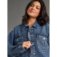 MAX FASHION Plain Denim Jacket with Pockets-Blue
