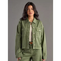 MAX FASHION Plain Denim Jacket with Pockets-Green