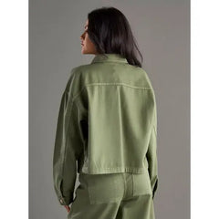 MAX FASHION Plain Denim Jacket with Pockets-Green