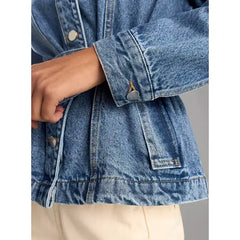 MAX FASHION Plain Denim Longline Jacket with Fur Collar-Blue